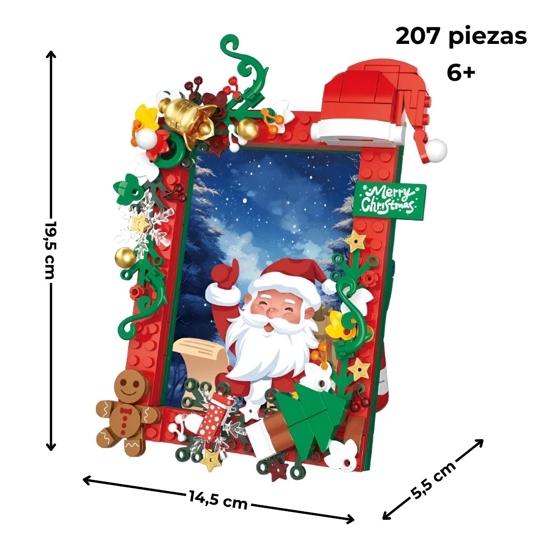 Marco montado con medidas en cm, 207 piezas, edad recomendada 6+, montaje versátil y decorativo