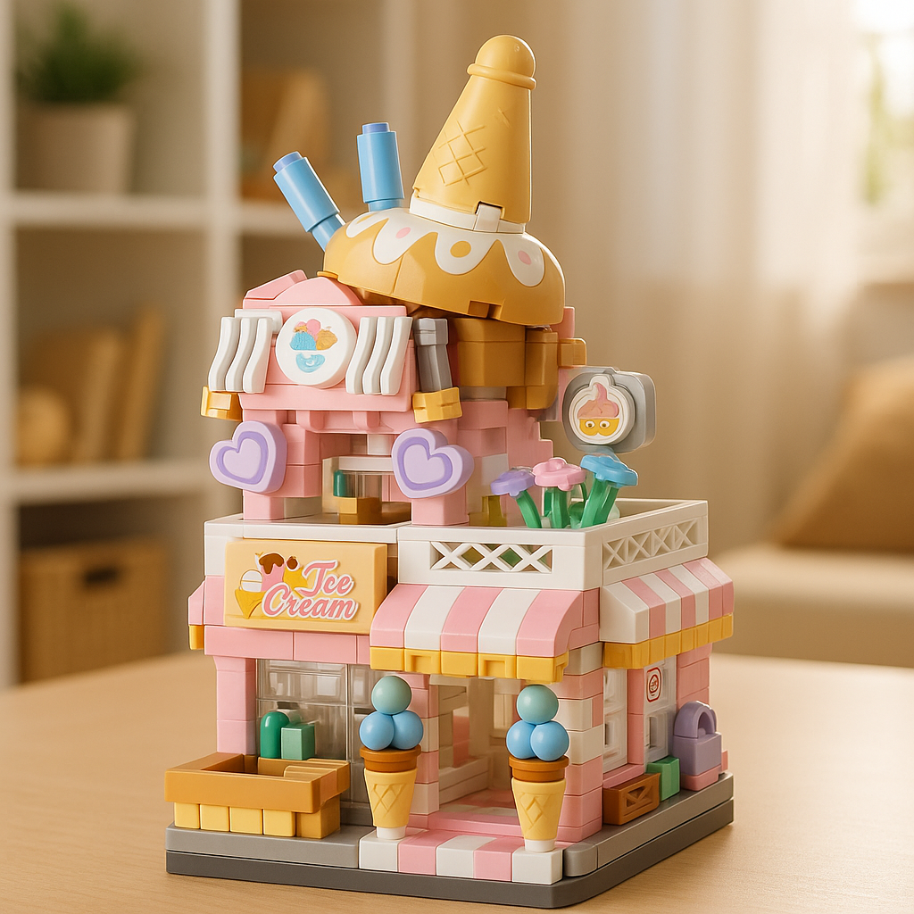 Mini Heladería de Bloques montada sobre mesa en habitación infantil