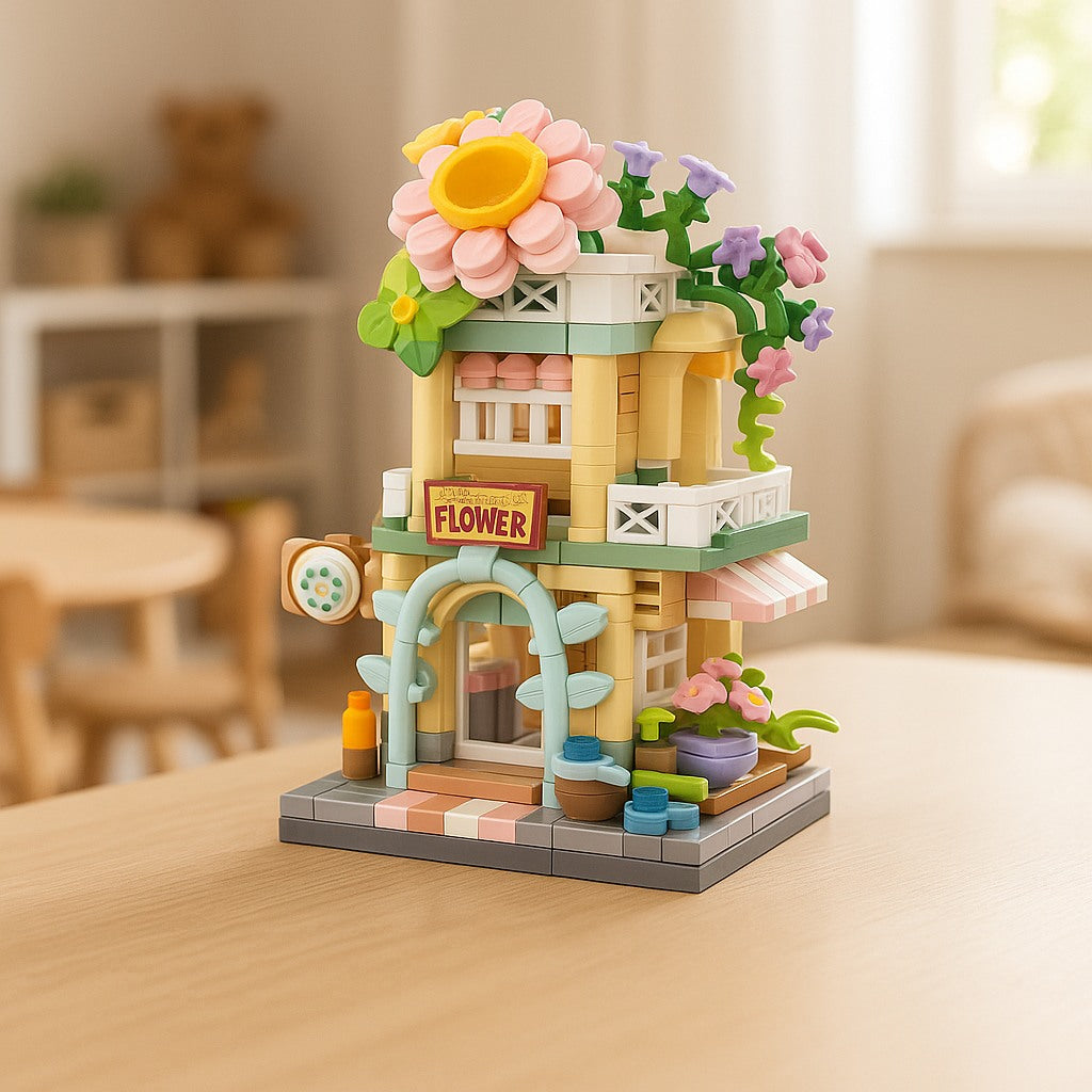Tienda de Flores miniatura armada sobre mesa en habitación infantil
