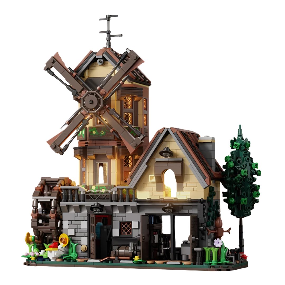 Molino de agua en bloques sobre fondo blanco; casa de campo modular con rueda funcional y acabado efecto madera, ideal para construir y exponer.