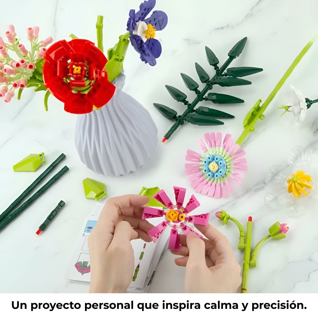 Ramo de flores de bloques construcción (9 tallos) con jarrón — compatible con LEGO®