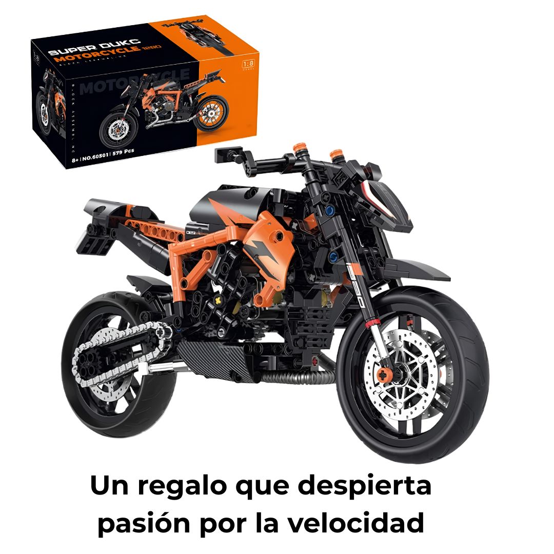 Moto deportiva de bloques mostrada junto a su caja original – presentación perfecta para regalo y fácil de envolver.