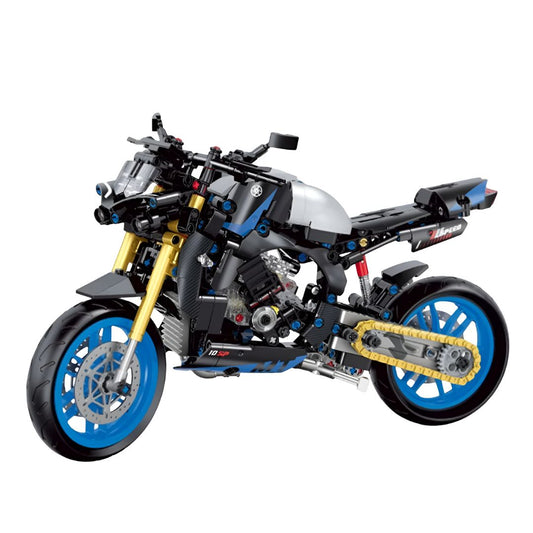 Moto de bloques tipo Technic a escala 1:8 con 638 piezas en vista frontal sobre fondo blanco