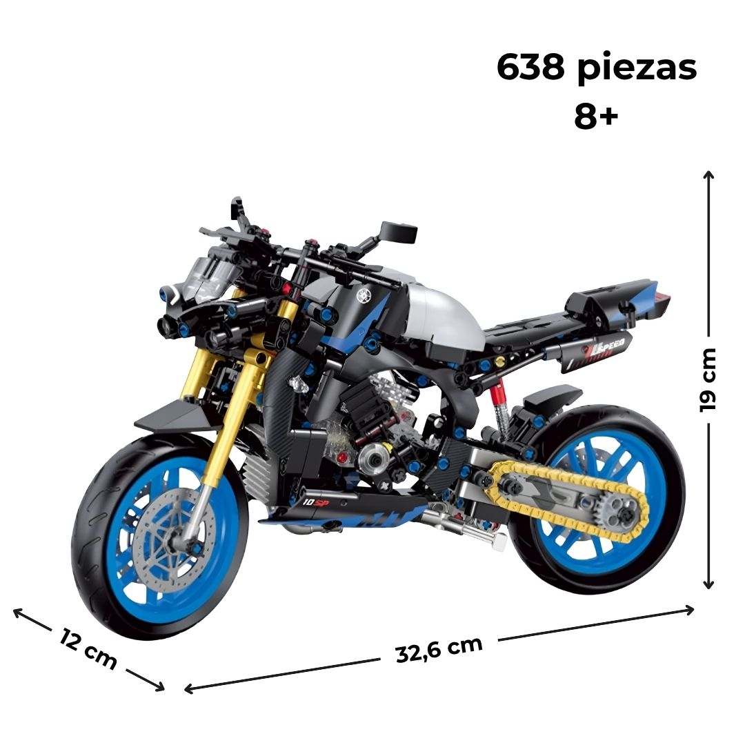 Moto deportiva de bloques tipo Technic sobre fondo blanco, con medidas, edad recomendada y número de piezas, ideal para montaje desafiante y creativo.