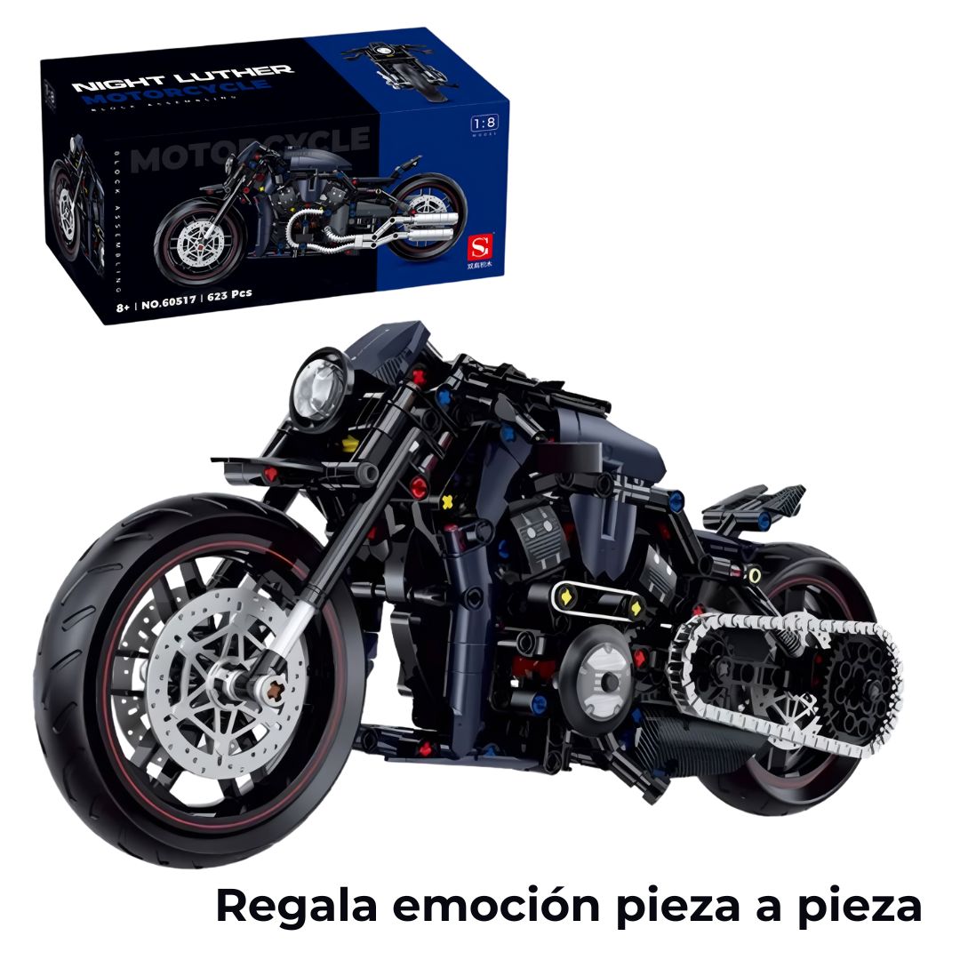 Set de moto a escala con caja original, ideal como regalo para entusiastas de las motos y fans de la construcción.