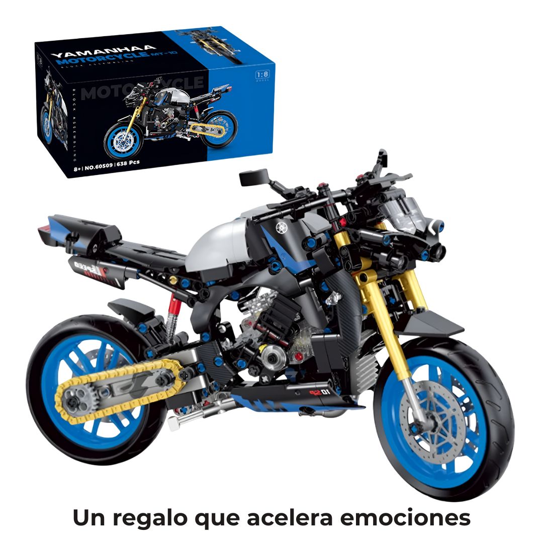 Moto armada con bloques tipo Technic en primer plano, acompañada de su caja original, ideal para regalar a amantes de las construcciones.