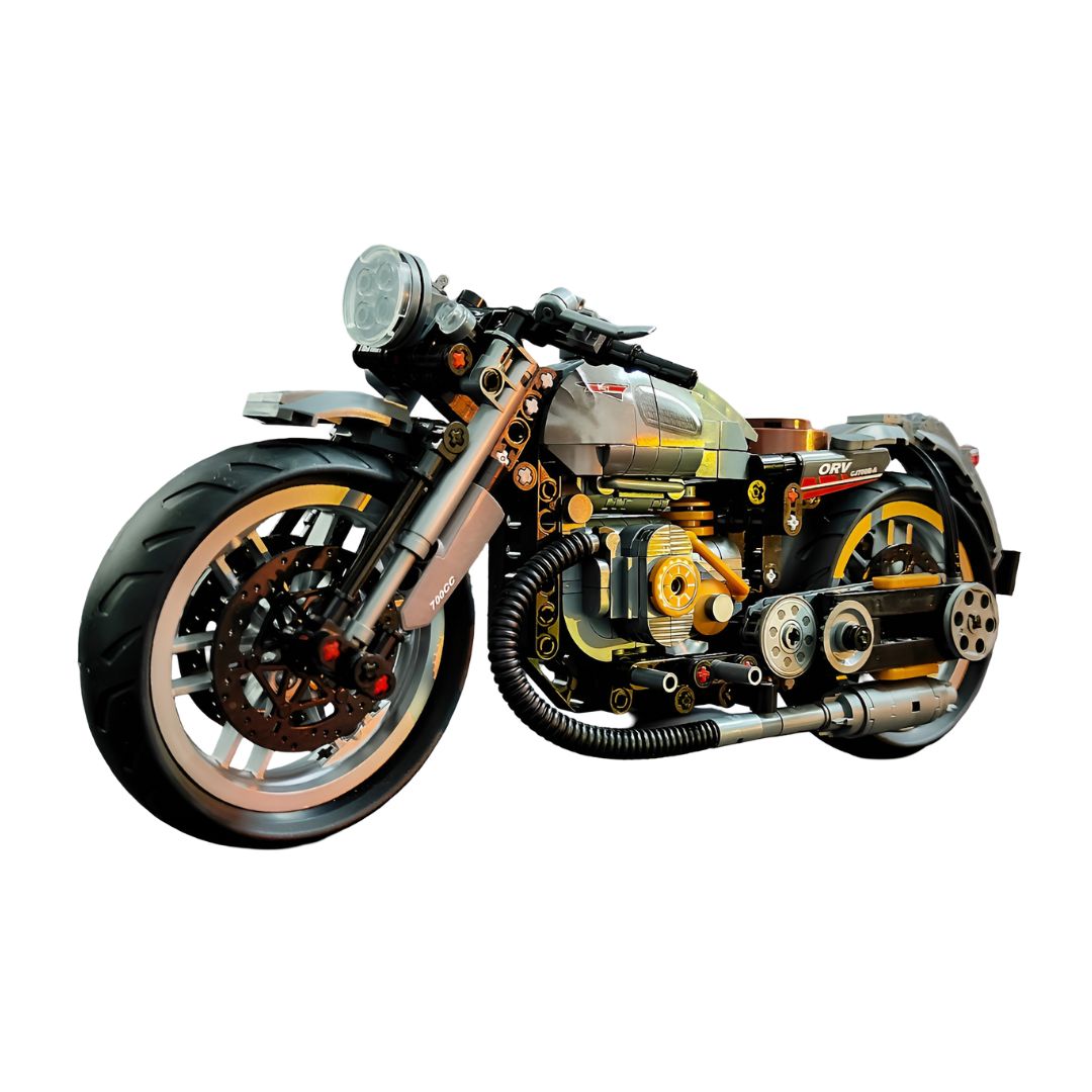 Moto de bloques de construcción sobre fondo blanco; diseño técnico y detallado, ideal como kit de modelismo y pieza de exposición.