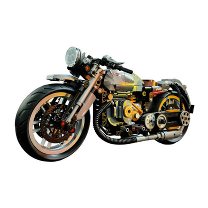 Moto de bloques de construcción sobre fondo blanco; diseño técnico y detallado, ideal como kit de modelismo y pieza de exposición.