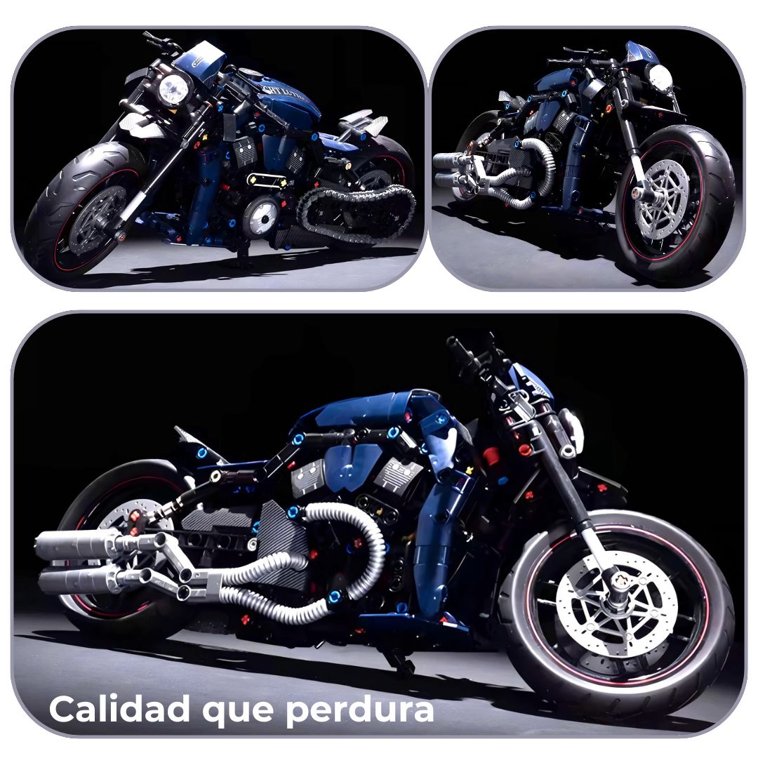 Vistas frontal, lateral y trasera de la moto construida, mostrando calidad visual y fidelidad en el diseño.
