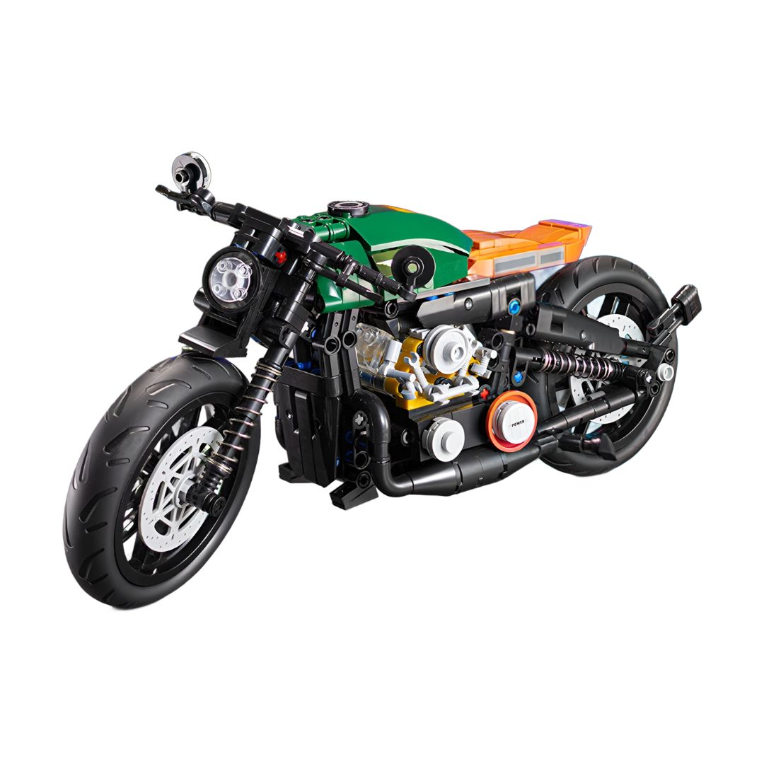 Moto de bloques tipo Lego Technic con 606 piezas sobre fondo blanco