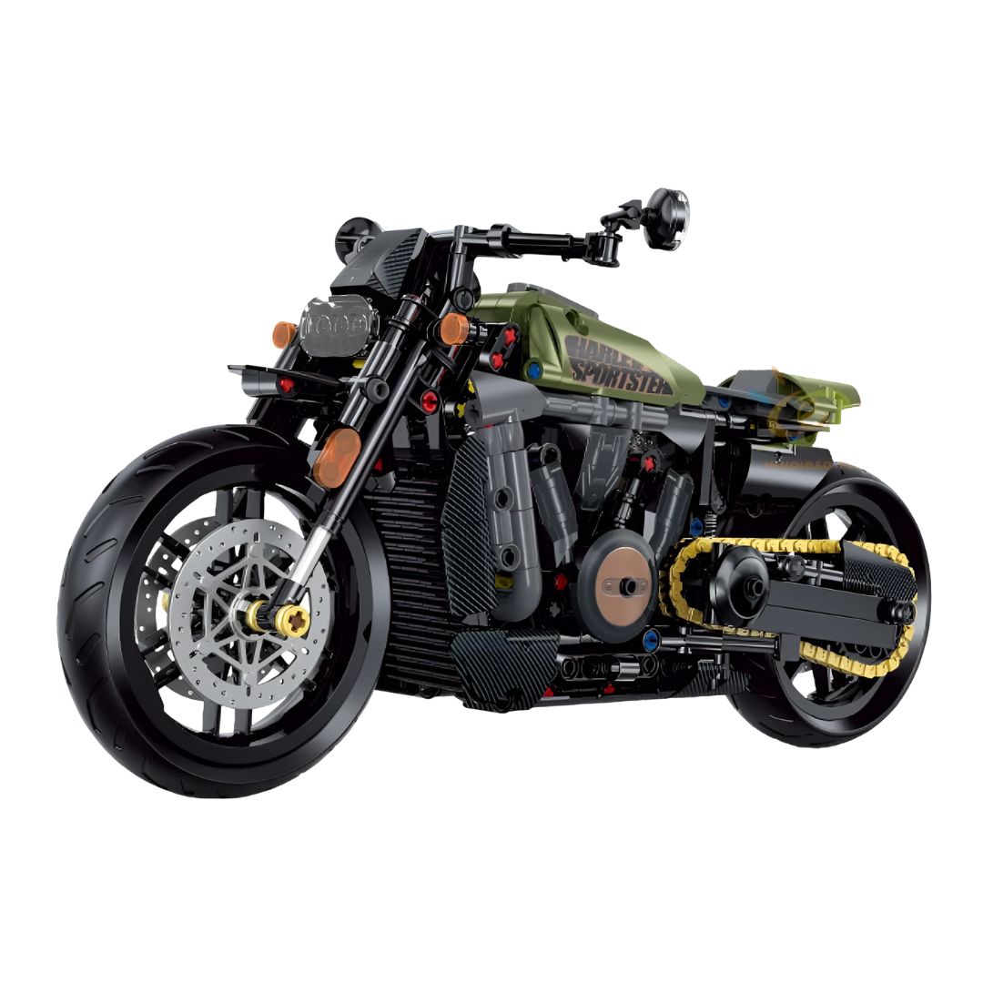 Moto Technic 634 piezas sobre fondo blanco; kit compatible con LEGO Technic, diseño mecánico realista y ruedas funcionales.