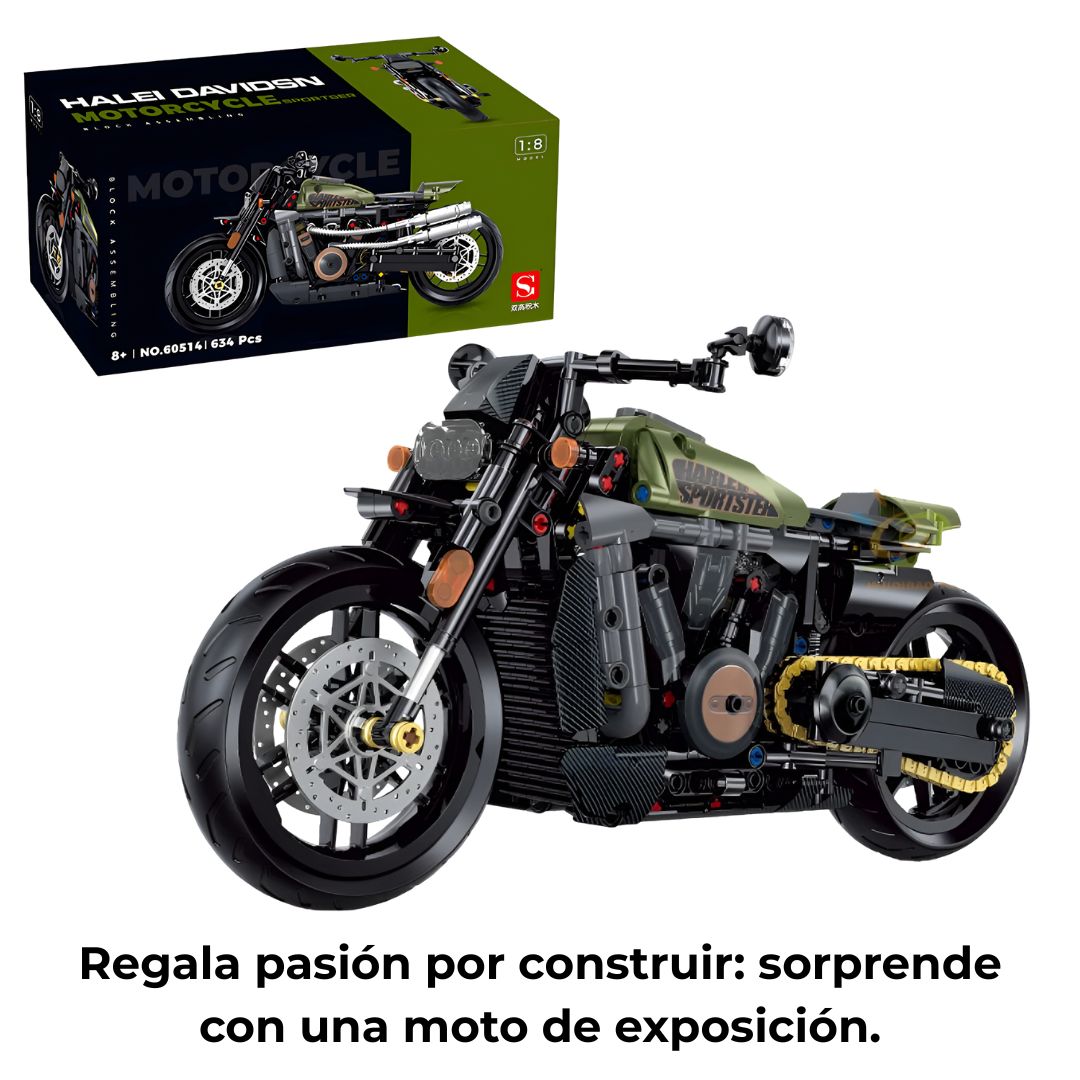 Moto montada junto a su caja original; presentación ideal como regalo para entusiastas de la mecánica y coleccionistas.