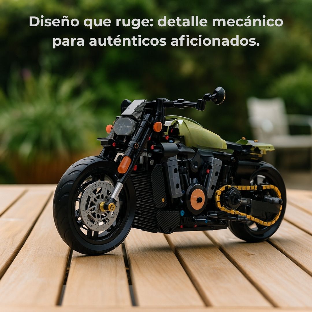 Moto Technic montada sobre mesa en patio; acabado realista y detalles mecánicos pensados para exposición y juego.