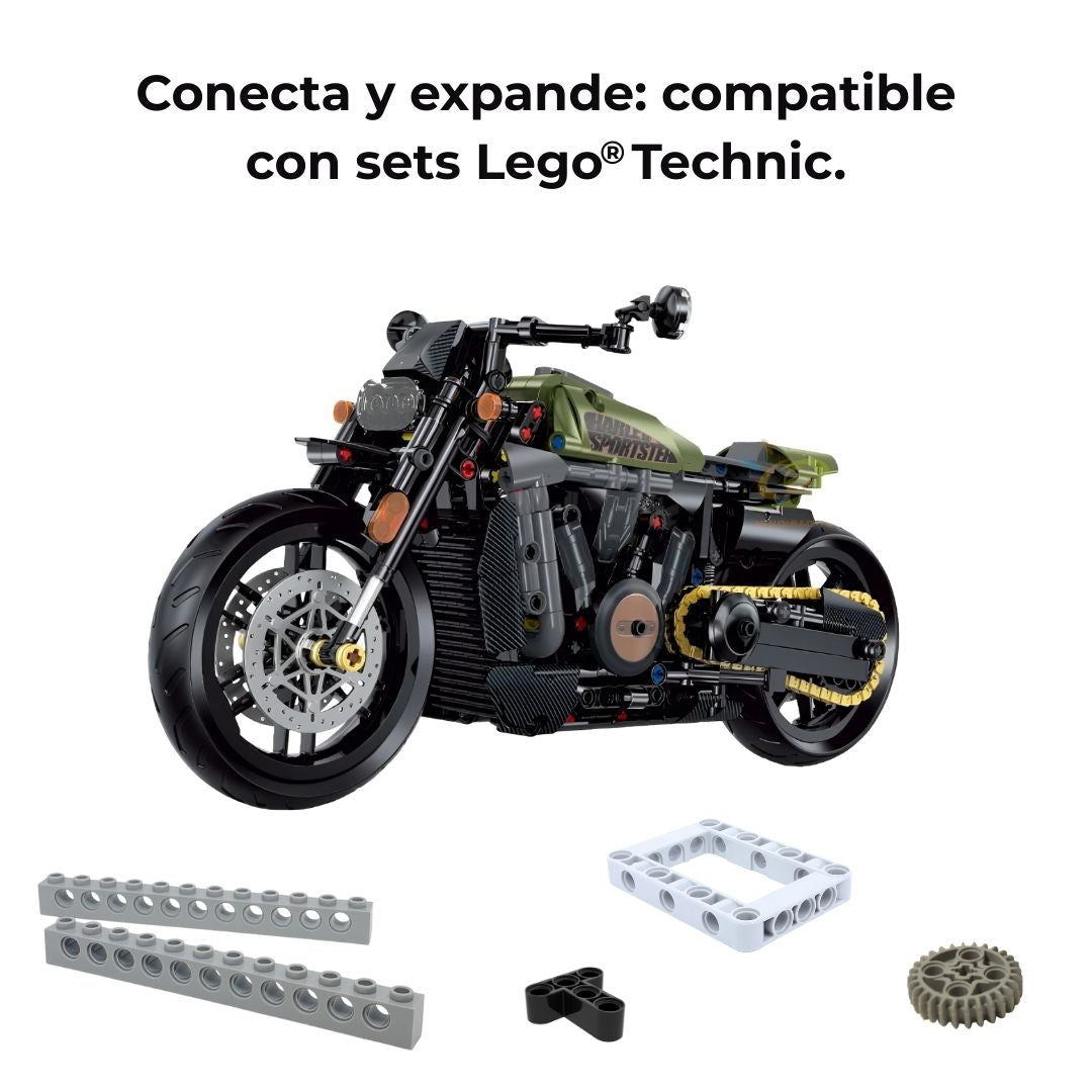 Moto Technic montada con piezas Technic sueltas alrededor; compatible con LEGO Technic para ampliar y personalizar.