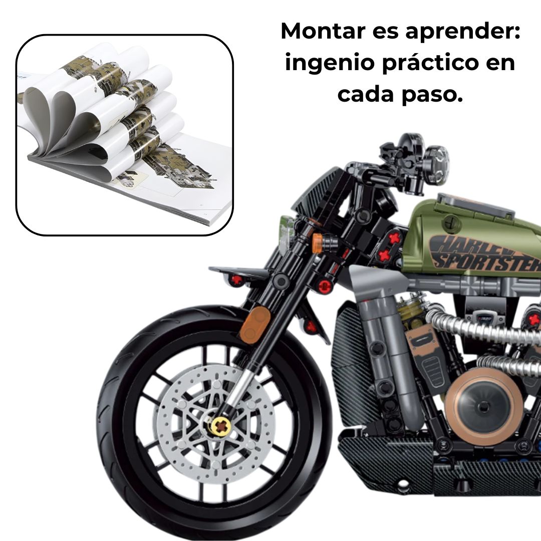 Zoom frontal de la moto con el manual de montaje visible; destaca piezas y guía paso a paso para el ensamblaje.