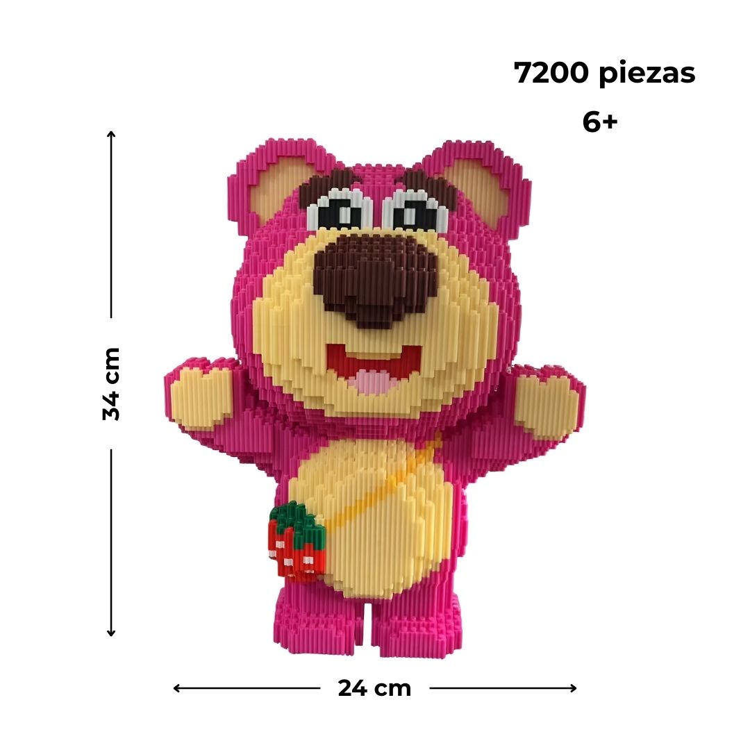 Oso de bloques con bolsito, medidas en centímetros, número de piezas y edad recomendada (6+).