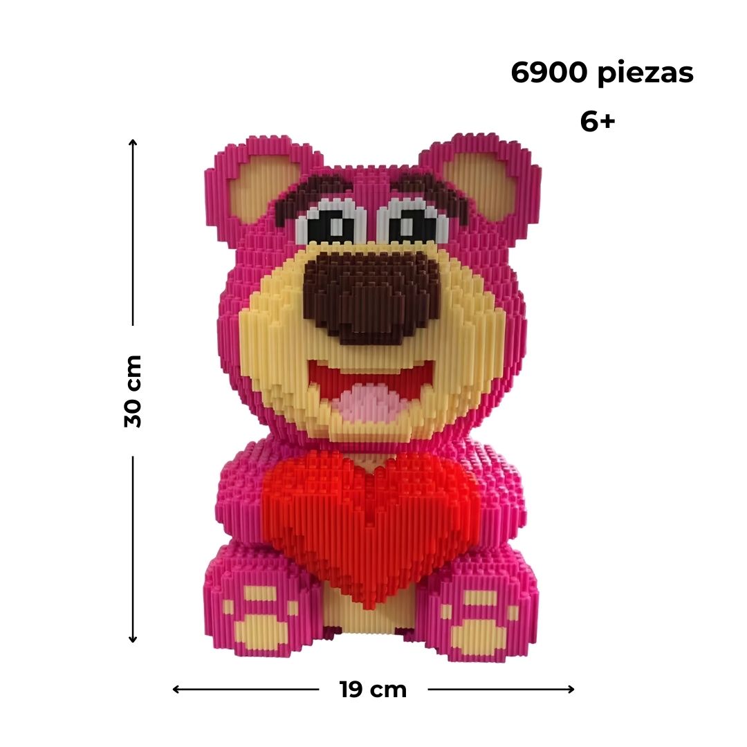 Oso de bloques con corazón; medidas en cm, número de piezas y edad recomendada (6+).