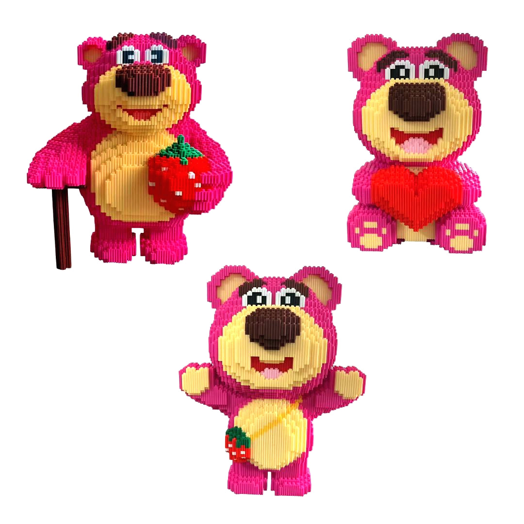Figuras de oso en bloques 3D sobre fondo blanco, modelos coloridos y decorativos, compatibles con LEGO, 6+.