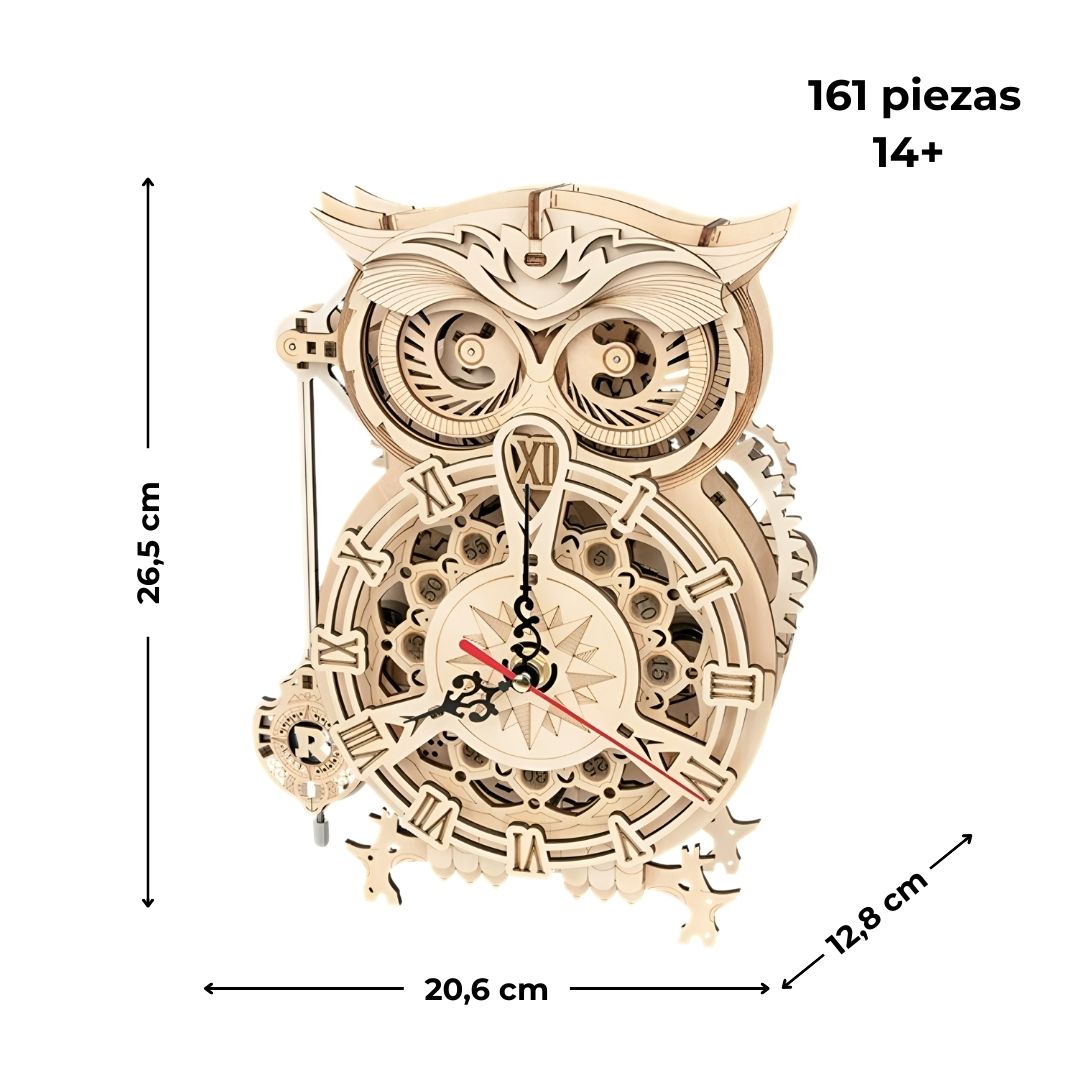 Dimensiones reloj búho 26.5×20.6×12.8 cm, 161 piezas, edad 14+, kit madera corte láser