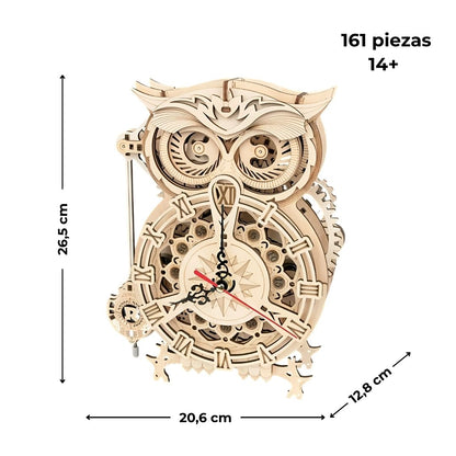 Dimensiones reloj búho 26.5×20.6×12.8 cm, 161 piezas, edad 14+, kit madera corte láser