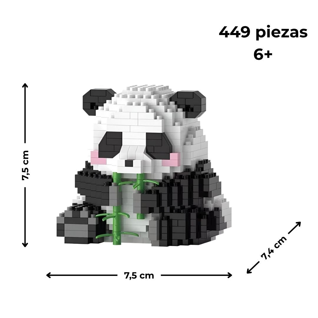 Figura de panda con bambú en microbloques con medidas de 7,5 × 7,5 × 7,4 cm, 449 piezas, edad recomendada 6+