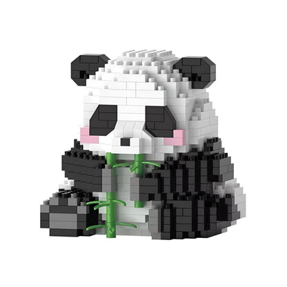 Figura de panda con bambú en microbloques sobre fondo blanco, ideal para regalo y decoración coleccionable