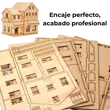 Paneles cortados por láser con piezas listas y maqueta montada; encaje preciso, borde limpio y aspecto profesional de taller.
