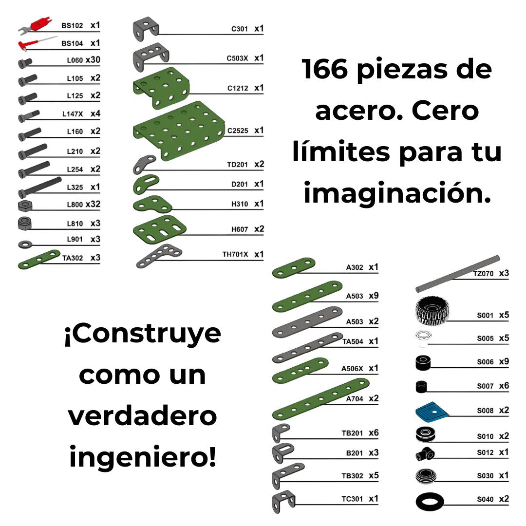 Vista completa de las piezas del kit metálico de construcción: placas, ruedas, ejes, tornillos y tuercas