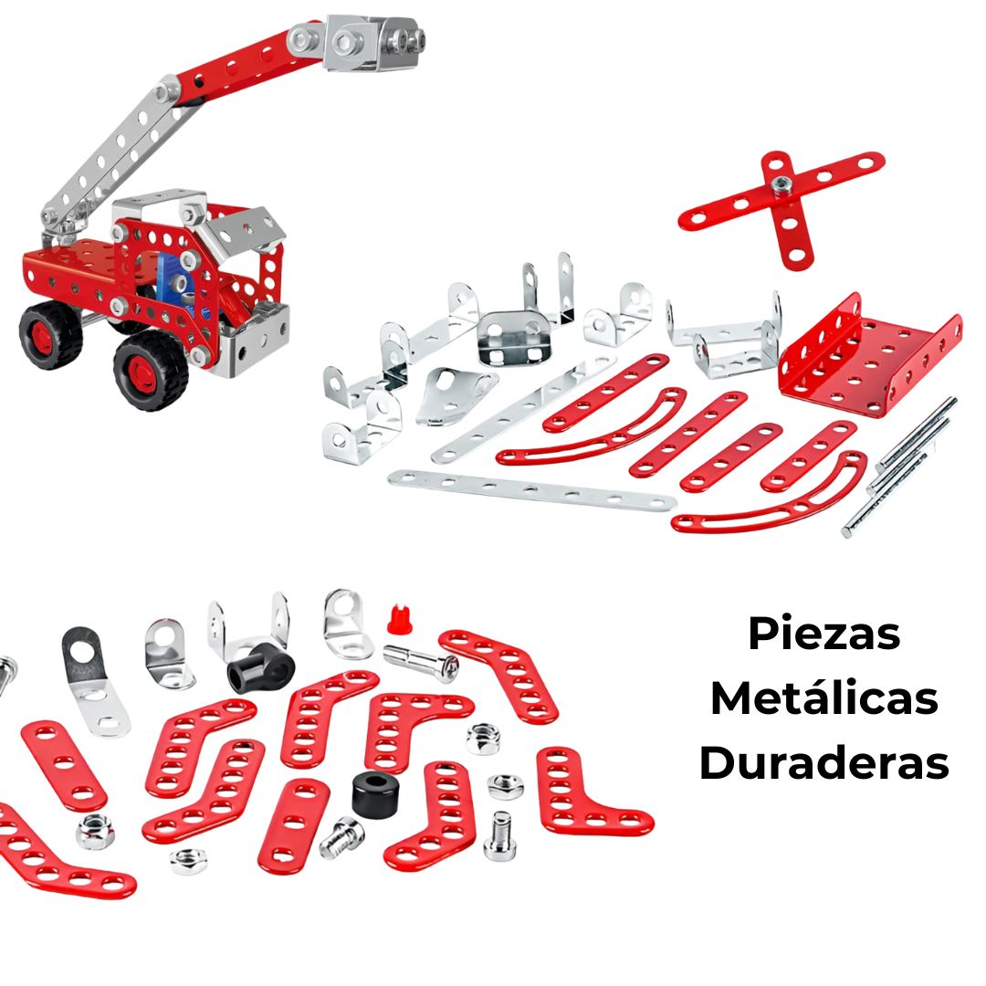 Piezas metálicas rojas y plateadas del kit de bomberos, tornillos y tuercas