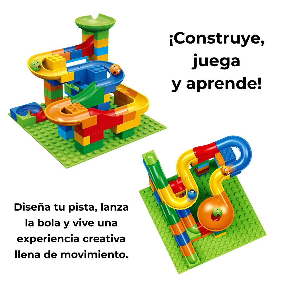 Pista de canicas de bloques de construcción vista desde arriba, con 88 piezas coloridas, ideal para niños a partir de 3 años.