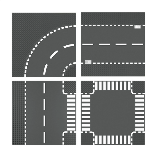 Vista de varias placas base de carretera compatibles con LEGO®, fondo blanco