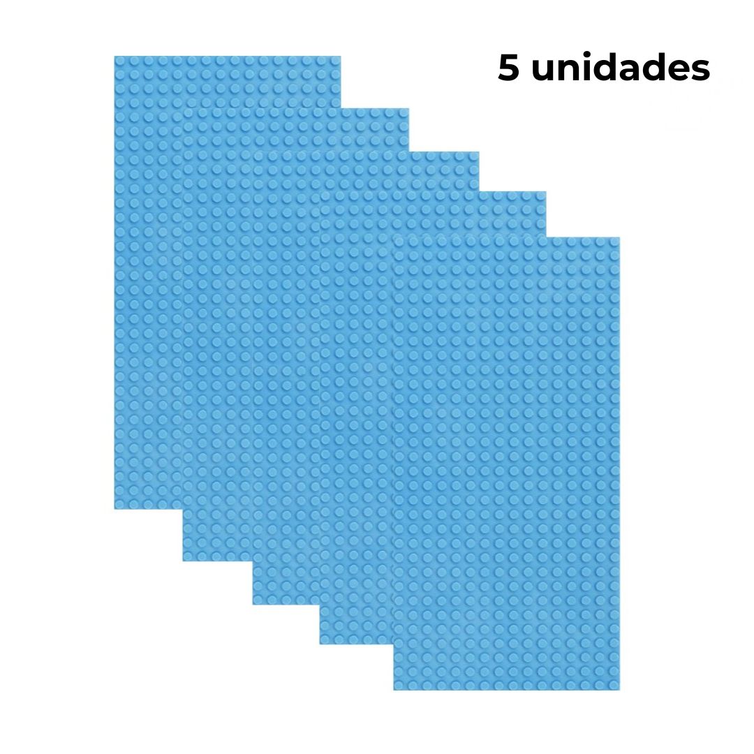 Pack de 5 placas base azul claro de construcción, tamaño 16x32 puntos, compatibles con bloques tipo Lego – ideal para ampliar superficies de juego o proyectos.