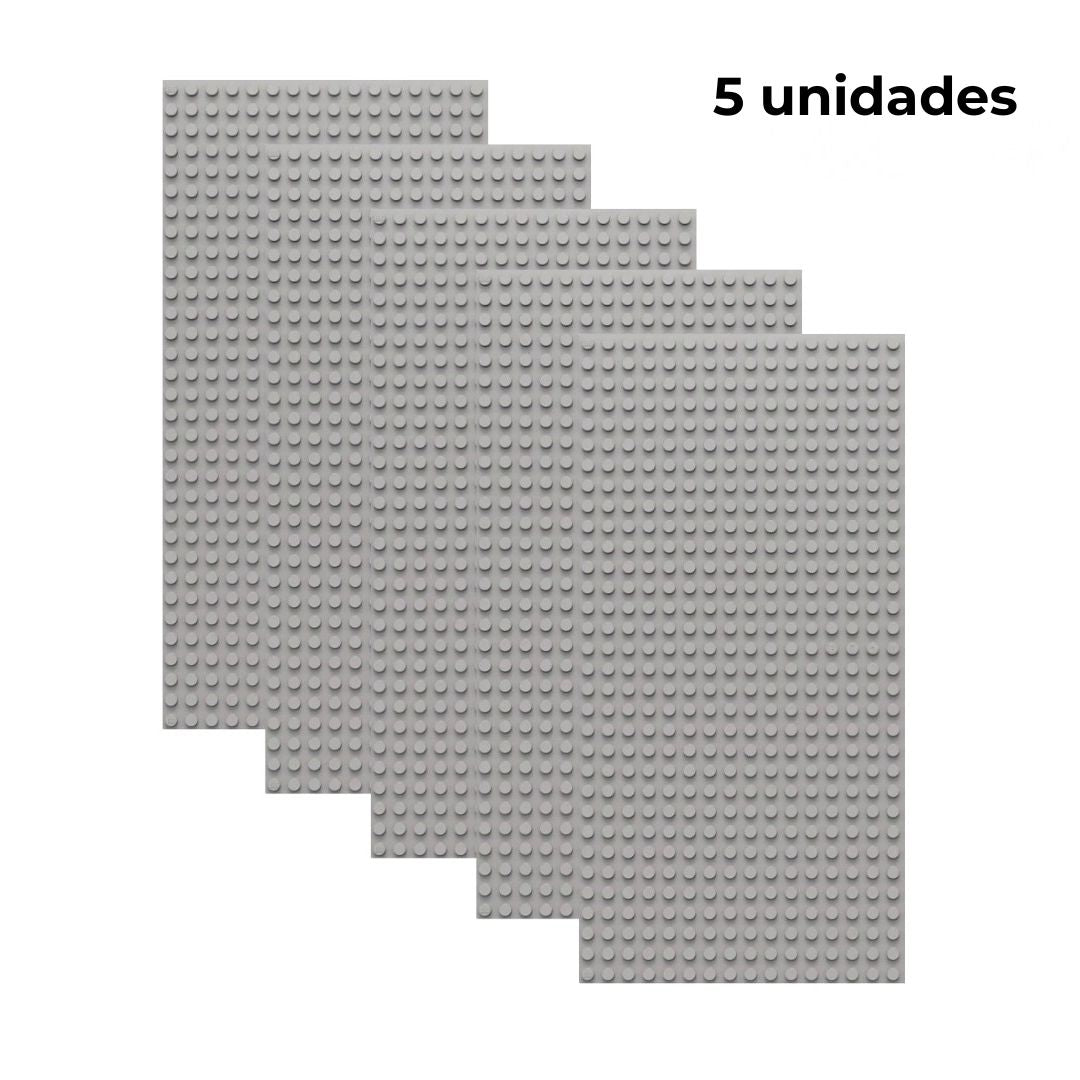 Pack de 5 placas base gris claro  de construcción, tamaño 16x32 puntos, compatibles con bloques tipo Lego – ideal para ampliar superficies de juego o proyectos.
