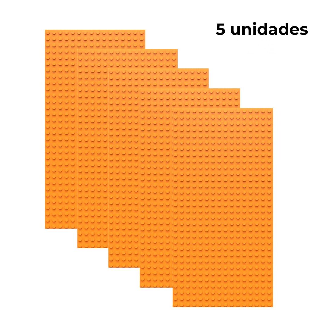 Pack de 5 placas base naranjas de construcción, tamaño 16x32 puntos, compatibles con bloques tipo Lego – ideal para ampliar superficies de juego o proyectos.