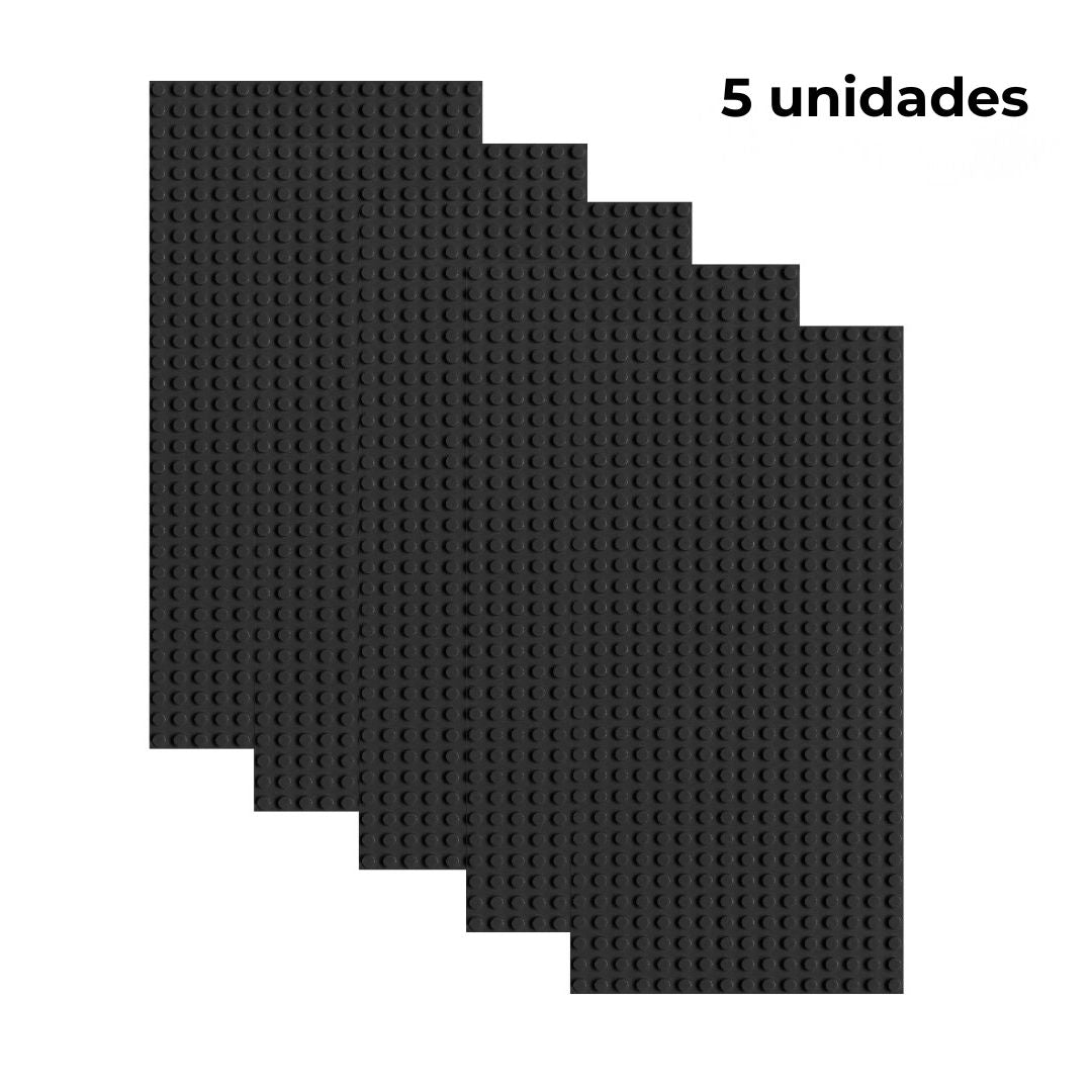 Pack de 5 placas base negras de construcción, tamaño 16x32 puntos, compatibles con bloques tipo Lego – ideal para ampliar superficies de juego o proyectos.