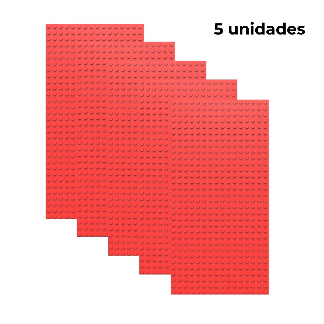 Pack de 5 placas base rojas de construcción, tamaño 16x32 puntos, compatibles con bloques tipo Lego – ideal para ampliar superficies de juego o proyectos.
