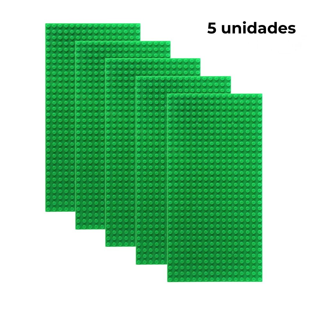 Pack de 5 placas base verdes de construcción, tamaño 16x32 puntos, compatibles con bloques tipo Lego – ideal para ampliar superficies de juego o proyectos.