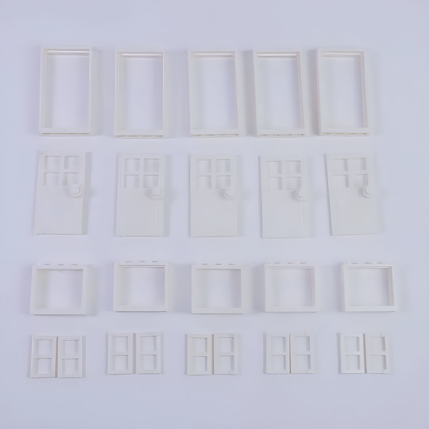 Puertas y ventanas para bloques de construcción en color blanco, ideales para maquetas y diseños neutros