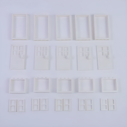 Puertas y ventanas para bloques de construcción en color blanco, ideales para maquetas y diseños neutros