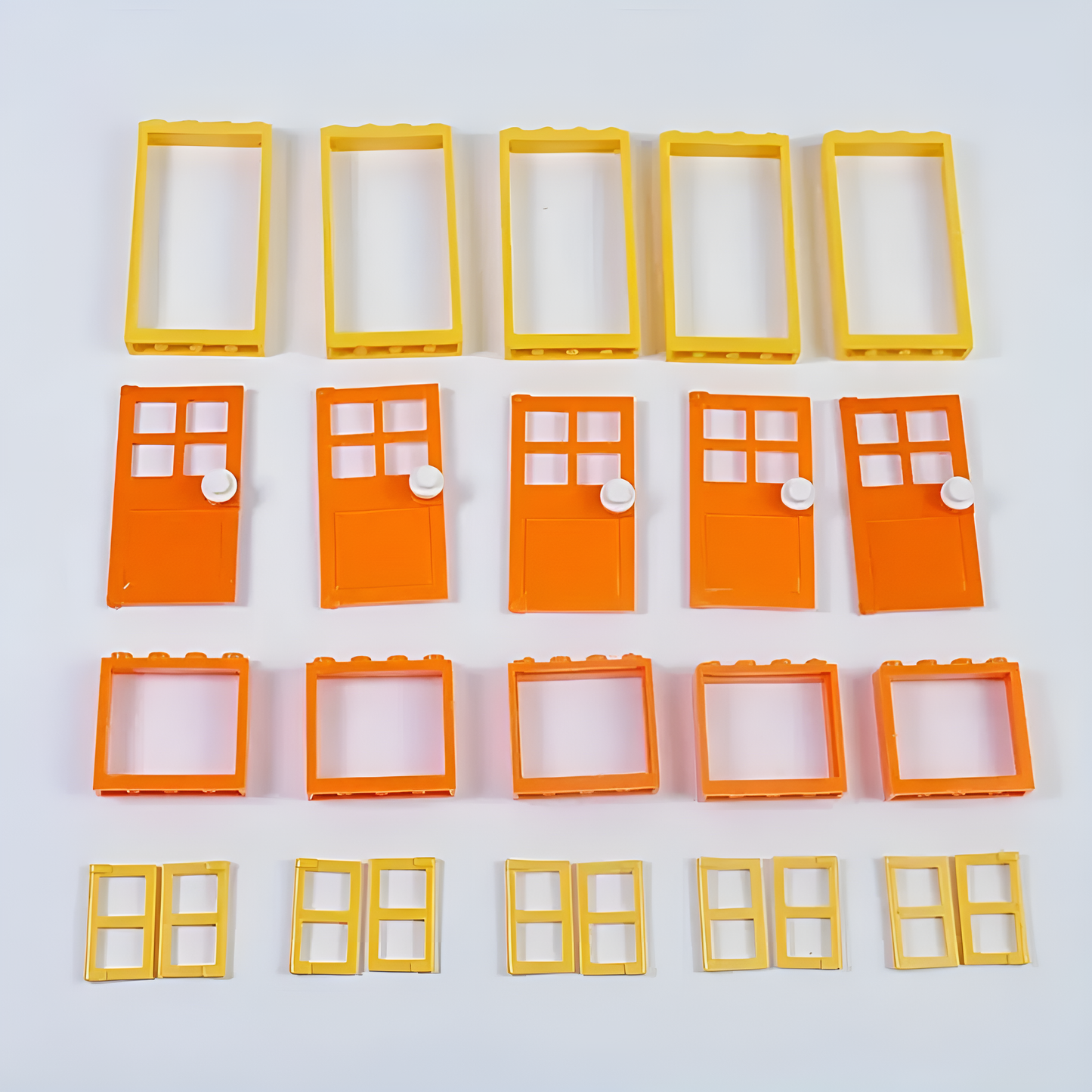 Set de puertas y ventanas de bloques de construcción en color naranja, diseño brillante y llamativo