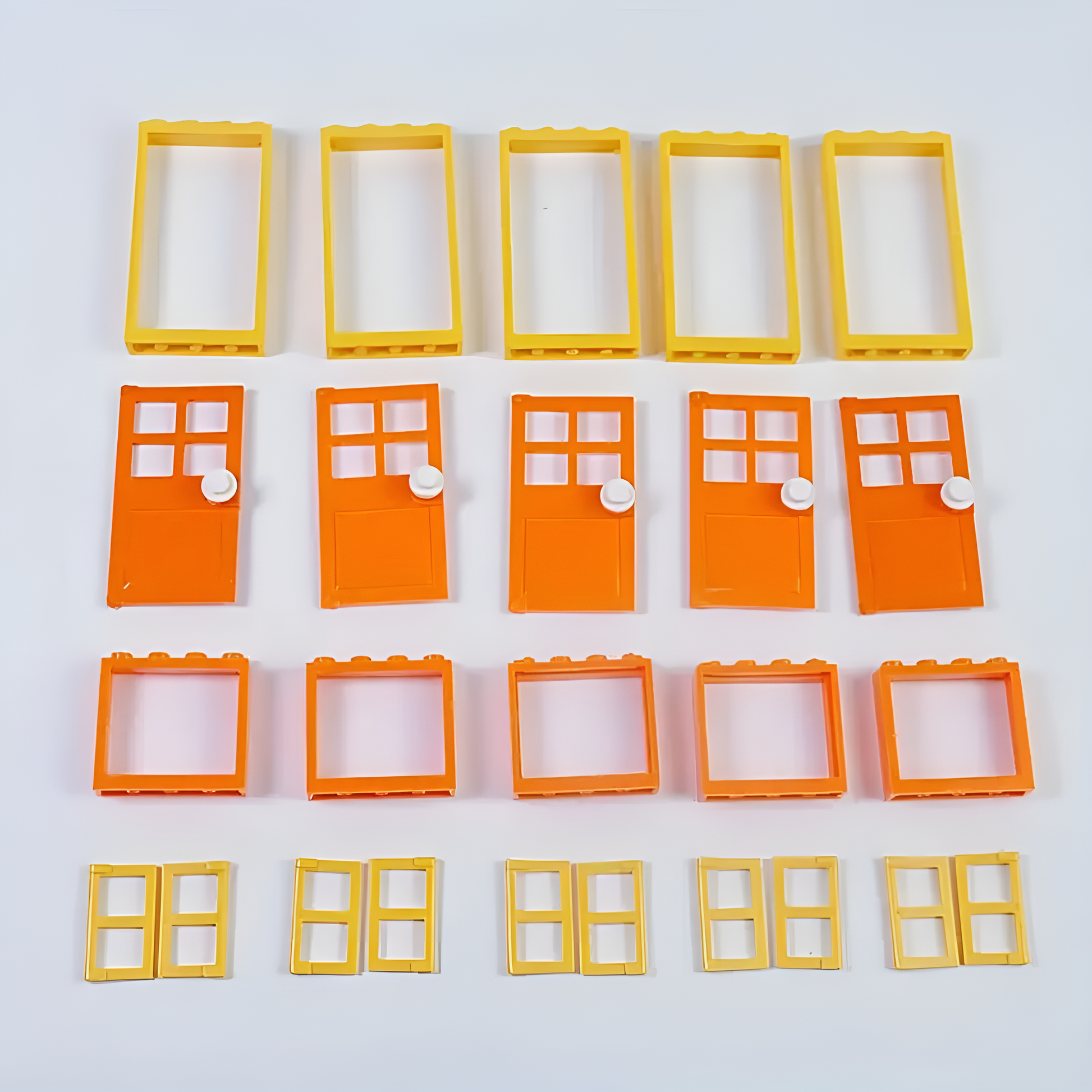 Set de puertas y ventanas de bloques de construcción en color naranja, diseño brillante y llamativo