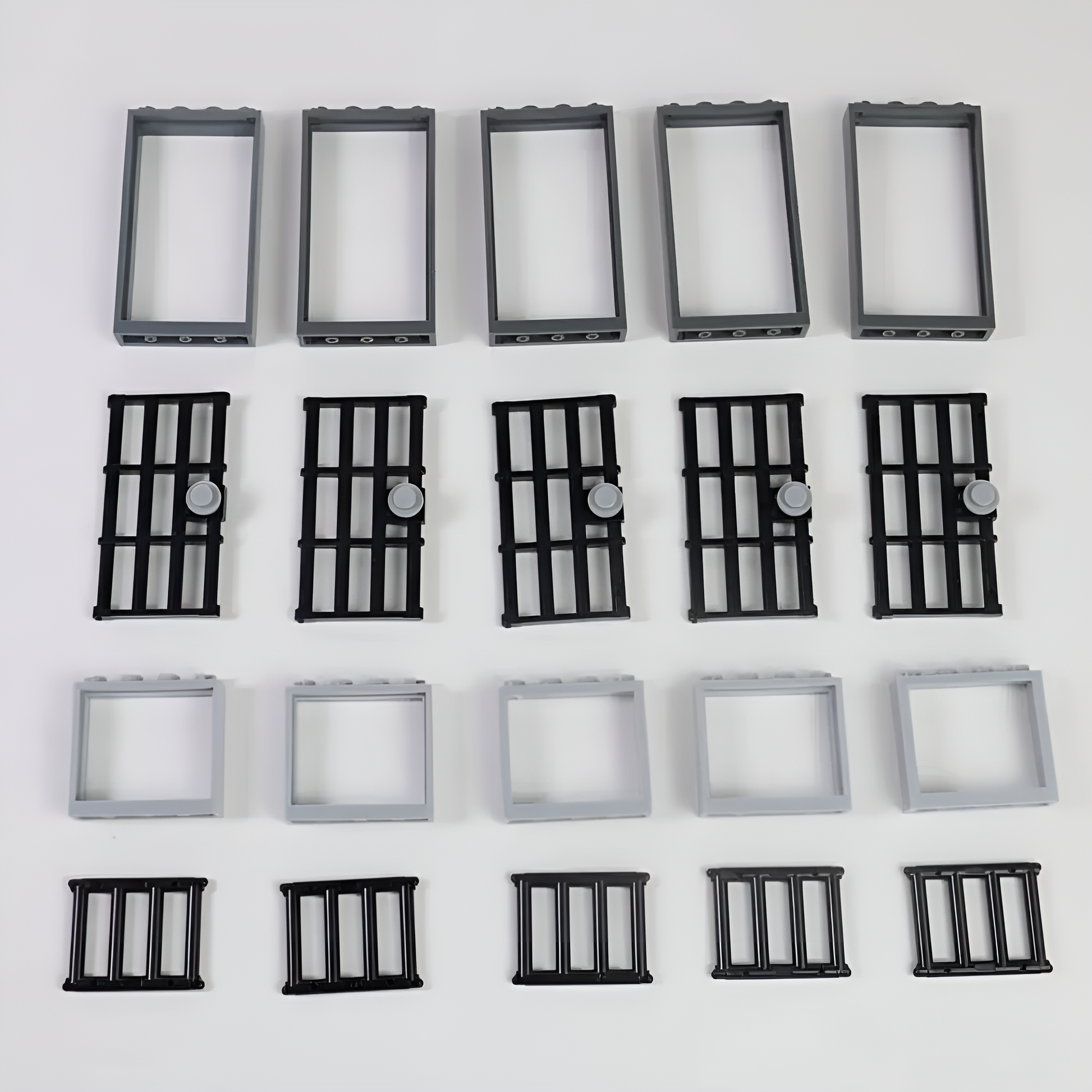 Conjunto de puertas y ventanas de bloques de construcción en color negro, compatibles con bases clásicas