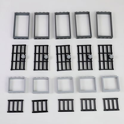 Conjunto de puertas y ventanas de bloques de construcción en color negro, compatibles con bases clásicas