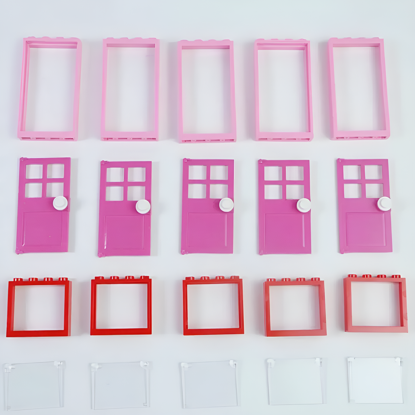 Accesorios de bloques de construcción en color rosa: puertas y ventanas perfectas para construcciones creativas