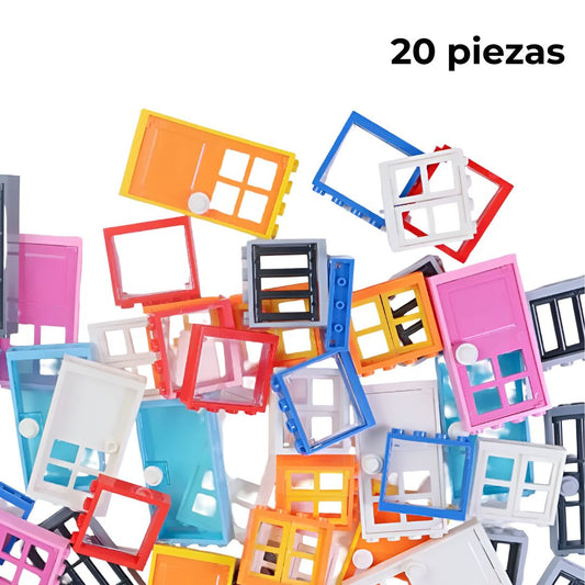 Conjunto de 20 piezas de puertas y ventanas para bloques compatibles con LEGO sobre fondo blanco