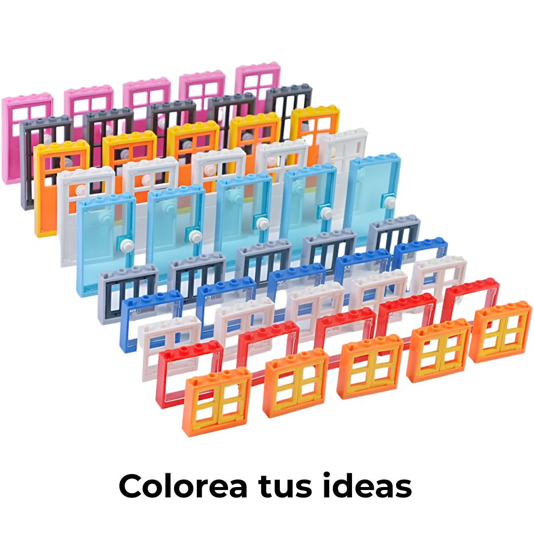 Conjunto de puertas y ventanas de bloques compatibles, organizadas por colores para mostrar opciones disponibles