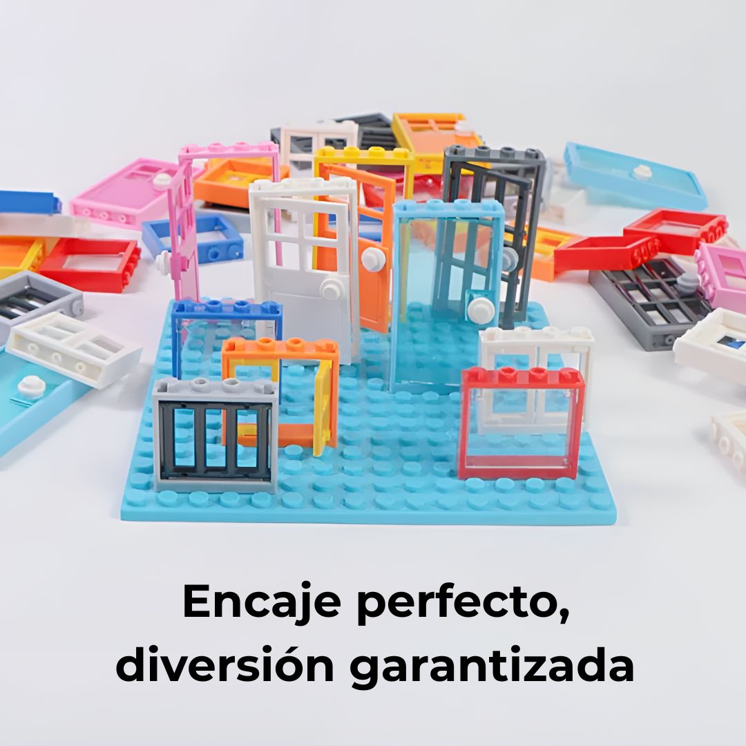 Puertas y ventanas de bloques de construcción montadas sobre placa base, demostrando su encaje firme y estable