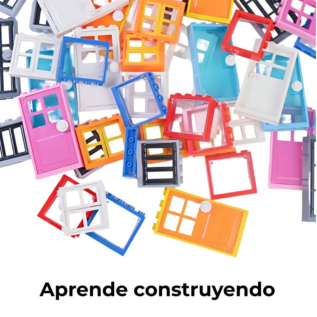 Puertas y ventanas de bloques de construcción en colores variados, dispuestas sobre una mesa para mostrar su diseño