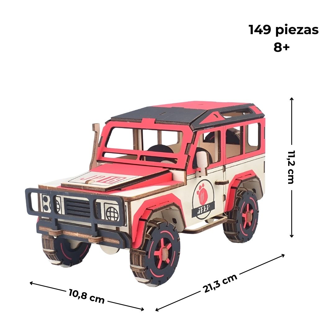 Dimensiones 21,3×10,8×11,2 cm; 149 piezas; edad recomendada 8+ — puzzle 3D coche de madera con puerta trasera móvil.