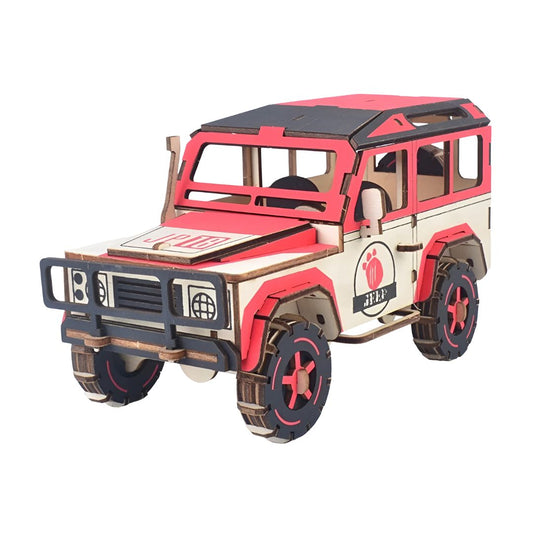 Puzzle 3D de madera — coche off-road montable sobre fondo blanco, acabado bicolor rojo y natural; ideal para exhibir y regalar.
